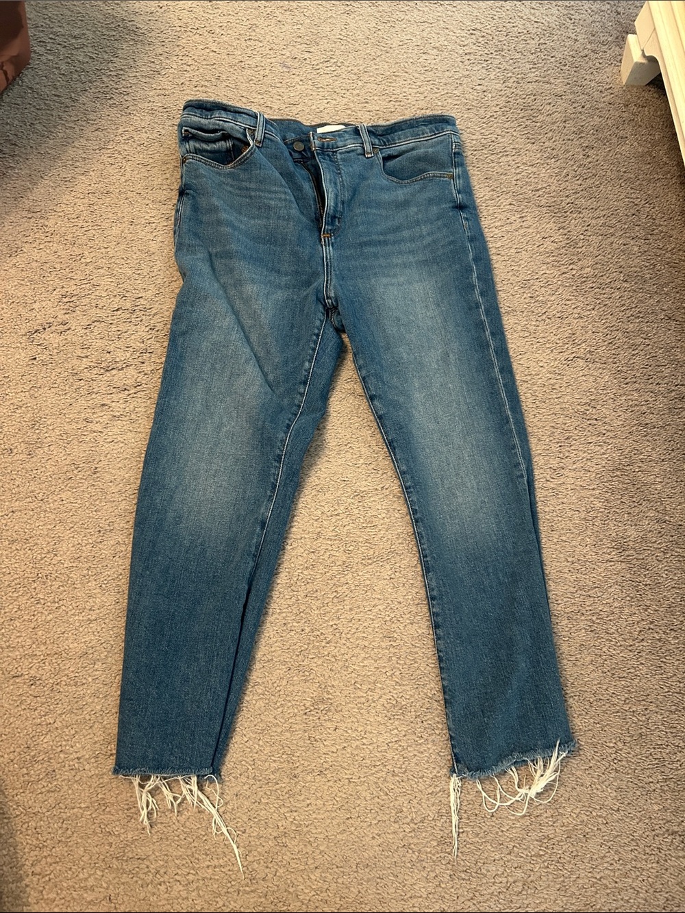 LOFT Medium Blue Cropped Frayed-Hem Jeans